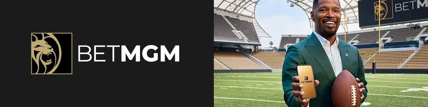 BetMGM Sportsbook desktop banner showing an elegant man holding an American football ball presenting a smartphone displaying current betting promotions