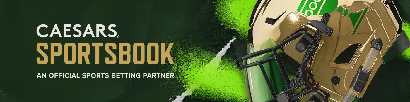 Caesars Sportsbook desktop banner featuring an American football helmet, highlighting its status as an official sports betting partner