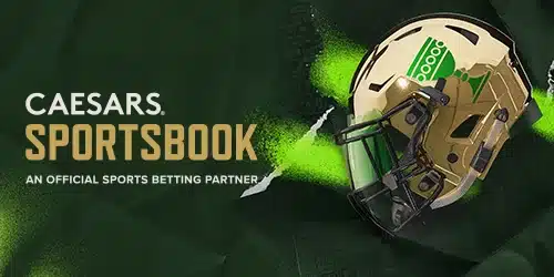 Caesars Sportsbook mobile banner featuring an American football helmet, highlighting its status as an official sports betting partner
