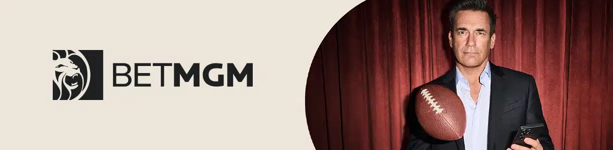 betmgm sportsbook desktop banner showing the betmgm logo and a man in suit holding a brown ball
