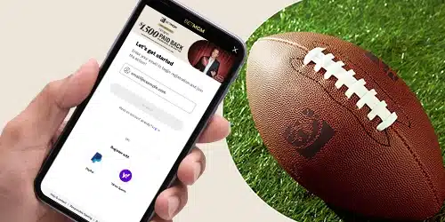 betmgm sportsbook desktop banner showing the registration process on a phone