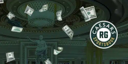 Caesars Sportsbook logo superimposed on an image of a grand interior with a statue and falling banknotes, suggesting a casino or luxury betting environment.