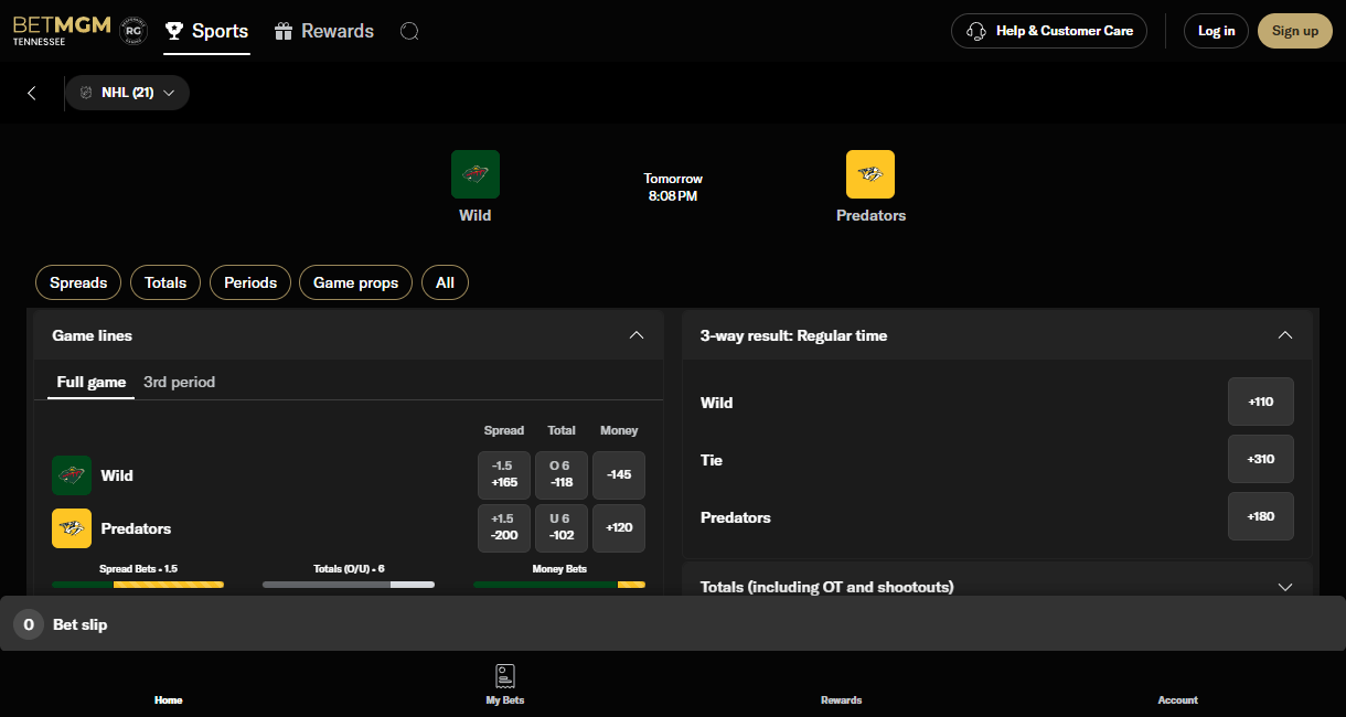 BetMGM Tennessee NHL odds with Wild vs Predators lines.