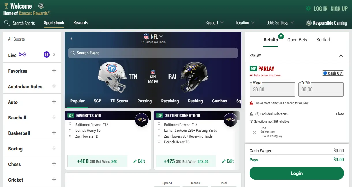 Caesars Tennessee NFL odds with Titans vs Ravens betslip.