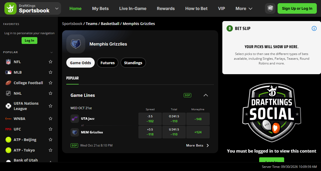 DraftKings Tennessee NBA odds with Grizzlies game lines.