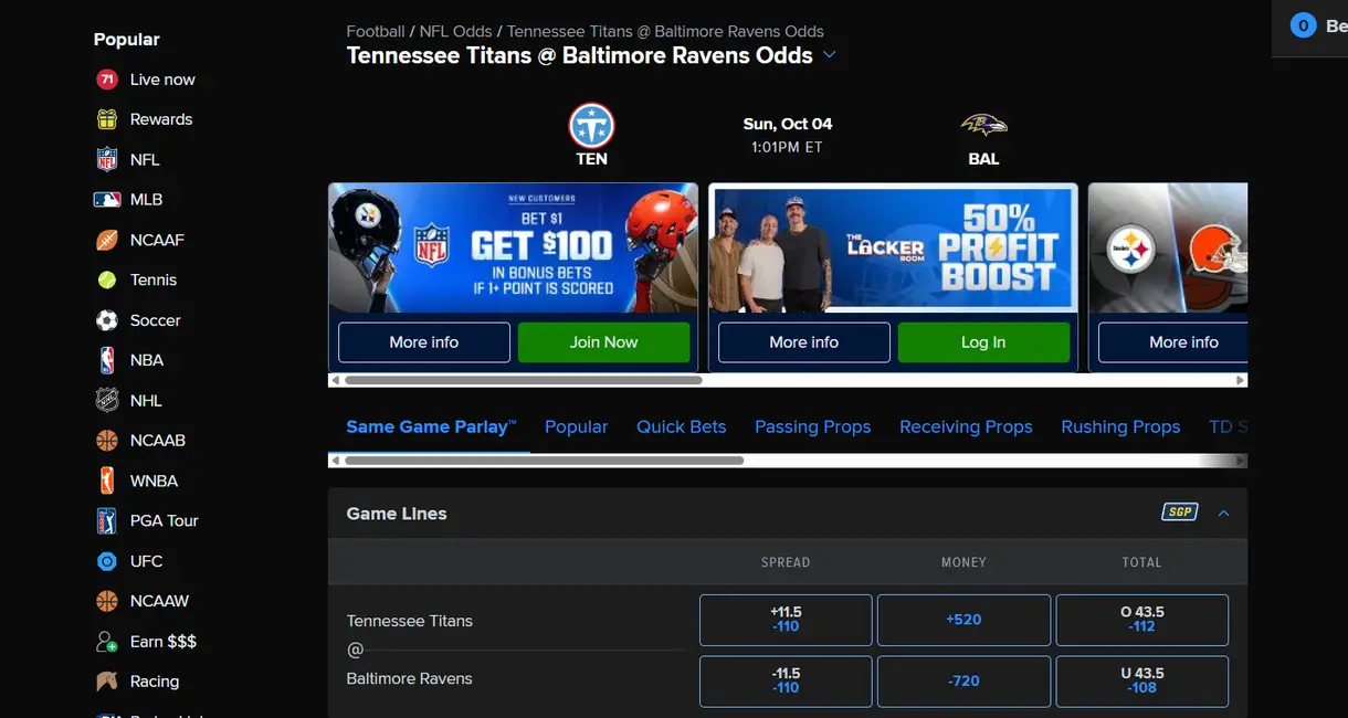 FanDuel Tennessee Titans vs Baltimore Ravens NFL odds and spreads.